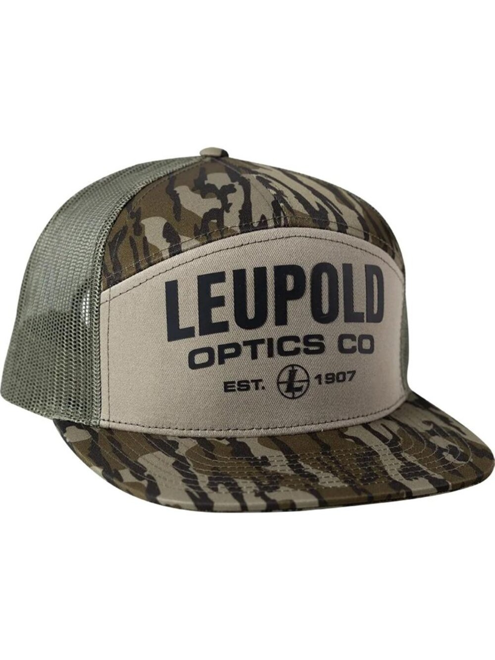 Men's 7 Panel Trucker Hat in Mossy Oak Camo - Adjustable, One Size Fits Most